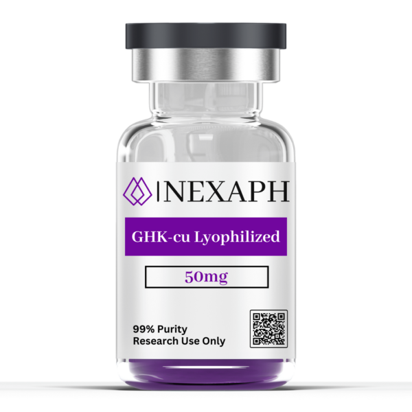 GHK-cu lyophilized (10 vials/kit) A clear vial containing GHK-cu lyophilized powder labeled with dosage and purity information.